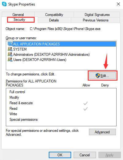 security edit in skpe properties Tech Tip :How To Fix 100% Disk Usage on Windows